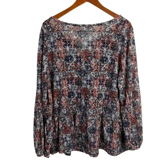 Kate & Sam Floral Blouse 2X Semi Sheer Tassles Navy Blue Red White Peplum Top - Picture 2 of 9